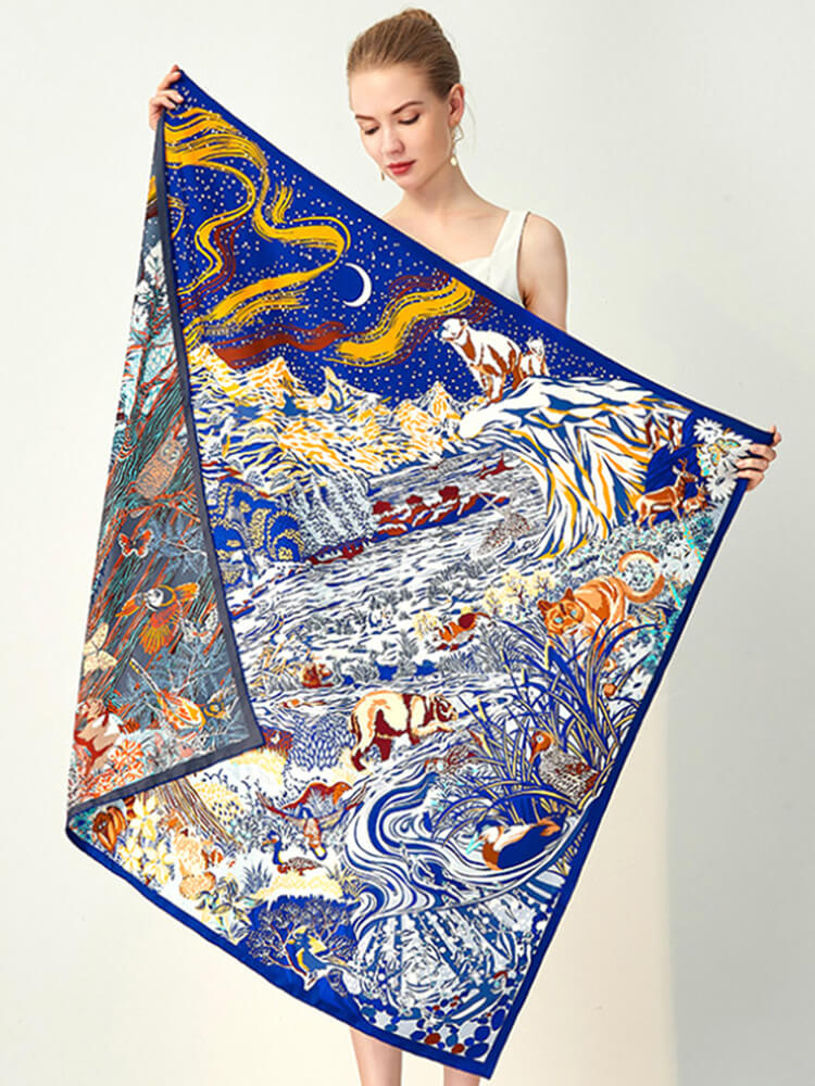 (image for) 41"x41" Ladies Two Sides Printed Large Pure Silk Square Scarf