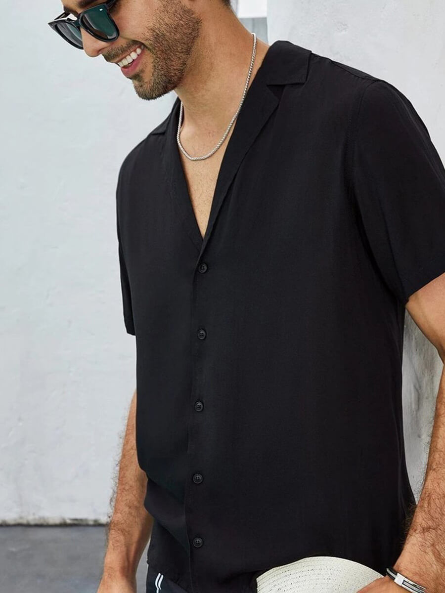 (image for) Men’s Relaxed-Fit Short Sleeve Button-Up Silk Camp Collar Shirt
