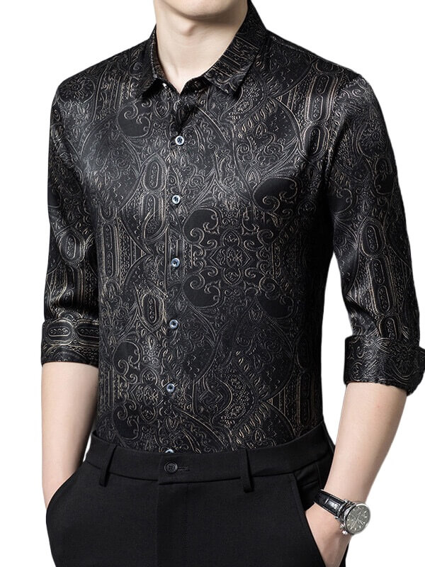 (image for) Black Paisley Printed Luxury Silk Shirt For Men