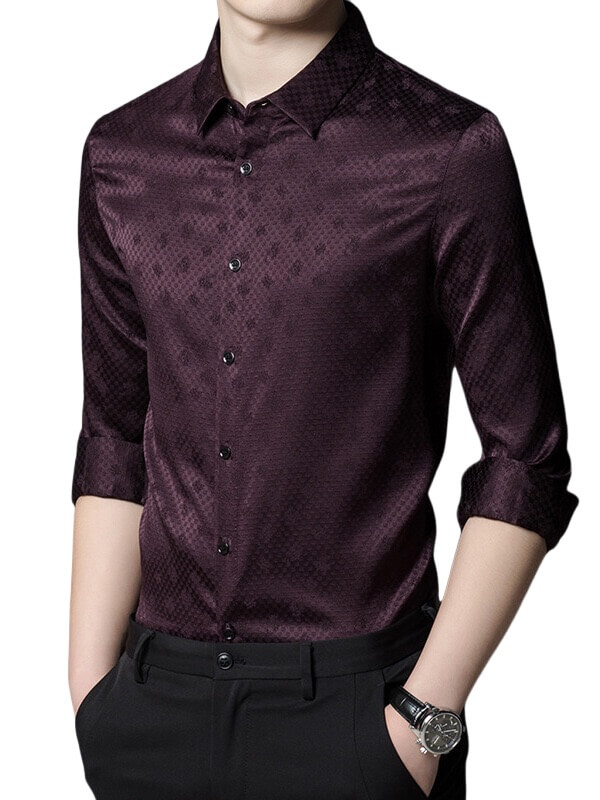 (image for) Men's Dark Wine Red Jacquard Silk Shirt