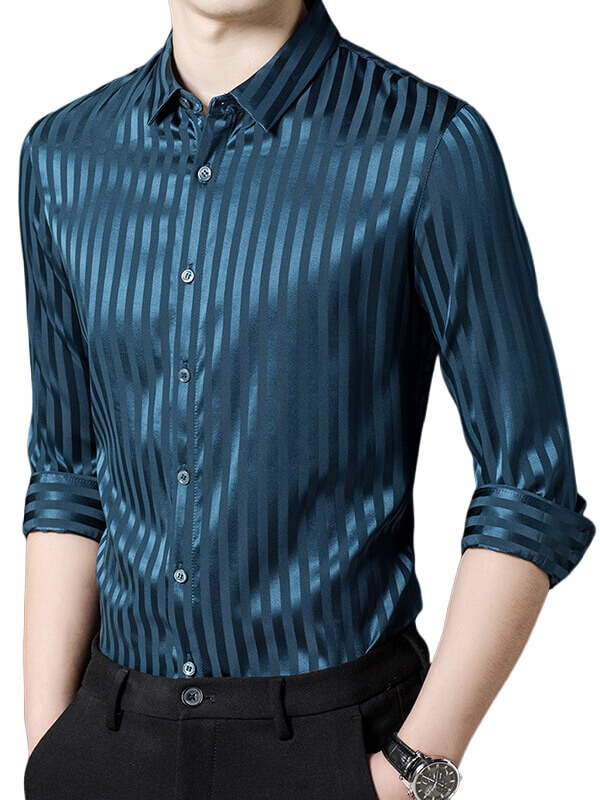 (image for) Striped Jacquard Long Sleeve Men's Stretch Silk Dress Shirt缺货下架