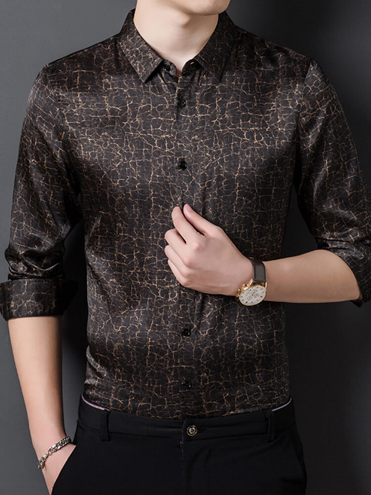 (image for) Men's Black and Gold Crackle Pattern Long Sleeve Silk Shirt