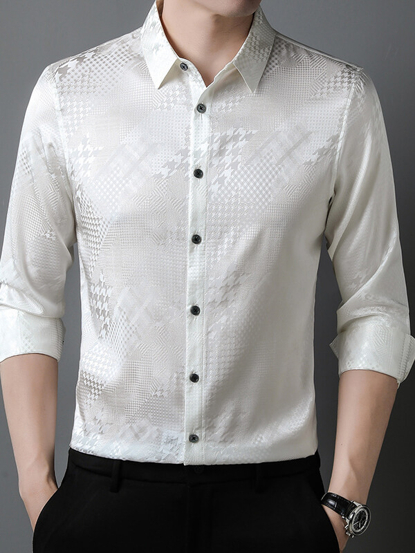 (image for) Men's Houndstooth Pattern Long Sleeve Button Down Silk Shirt