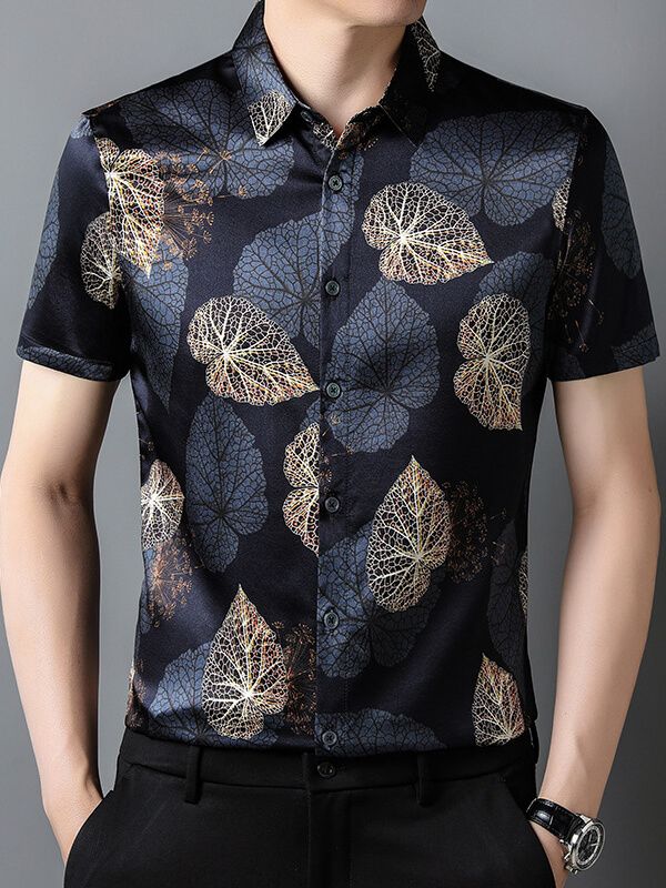 (image for) Men's Elegant Short-Sleeve Dark Floral Leaf Pattern Silk Shirt