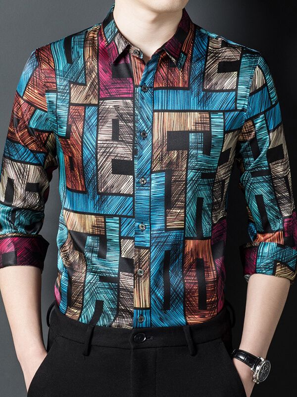 (image for) Multicolor Abstract Print Bold Geometric Long Sleeve Silk Shirt