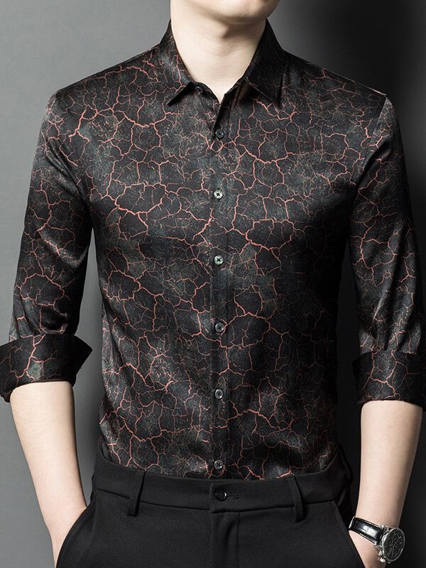 (image for) Men’s Black Marble Print Long Sleeve Button-Up Silk Shirt