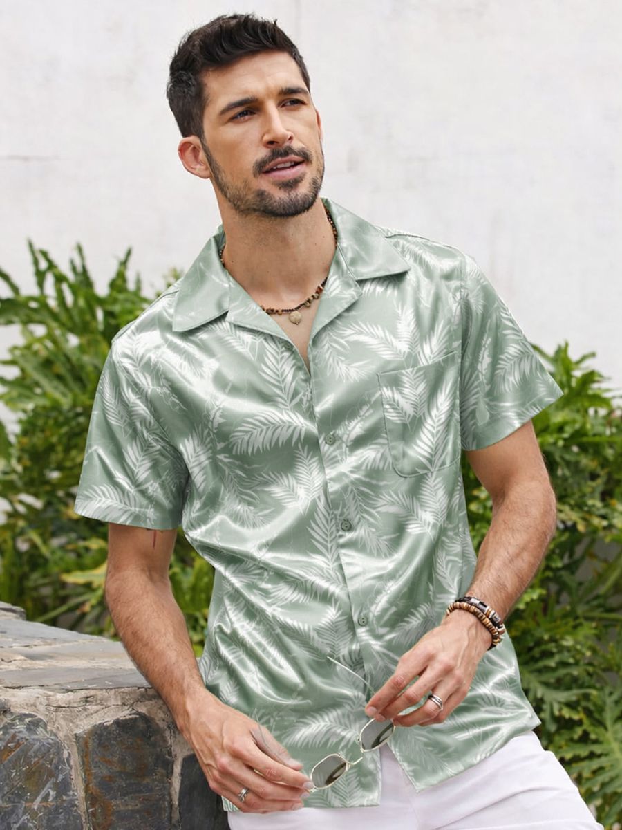 (image for) Men's Luxury Tropical Leaf Print Sage Green Short Sleeve Silk Hawaiian Shirt