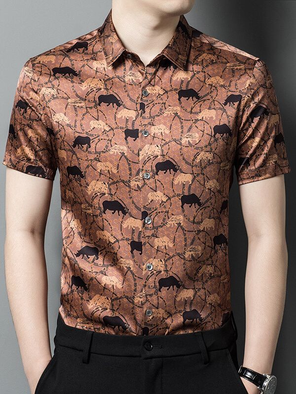 (image for) Men's Dark Orange Animal Print Short Sleeve Silk Shirt