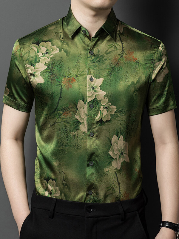 (image for) Men's Luxury Green Floral Short Sleeve Silk Dress Shirt