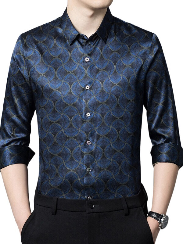 (image for) Men's Navy Wave Pattern Long Sleeve Button-Up Silk Shirt