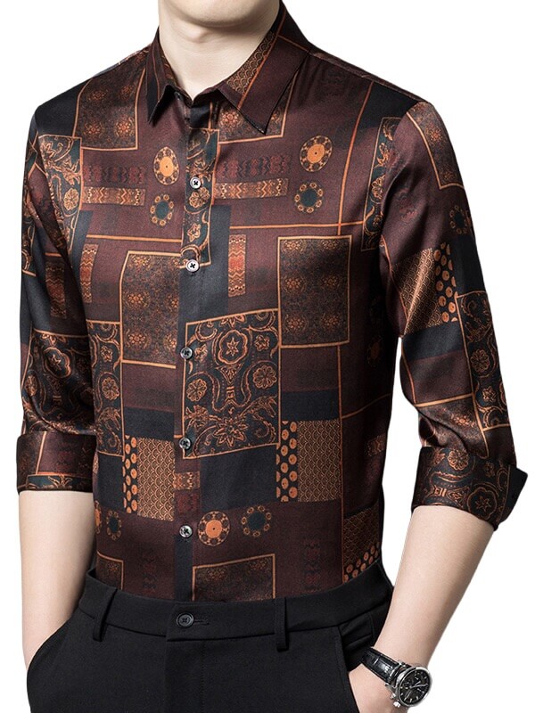 (image for) Men's Golden Brown Luxury Long Sleeve Silk Shirt