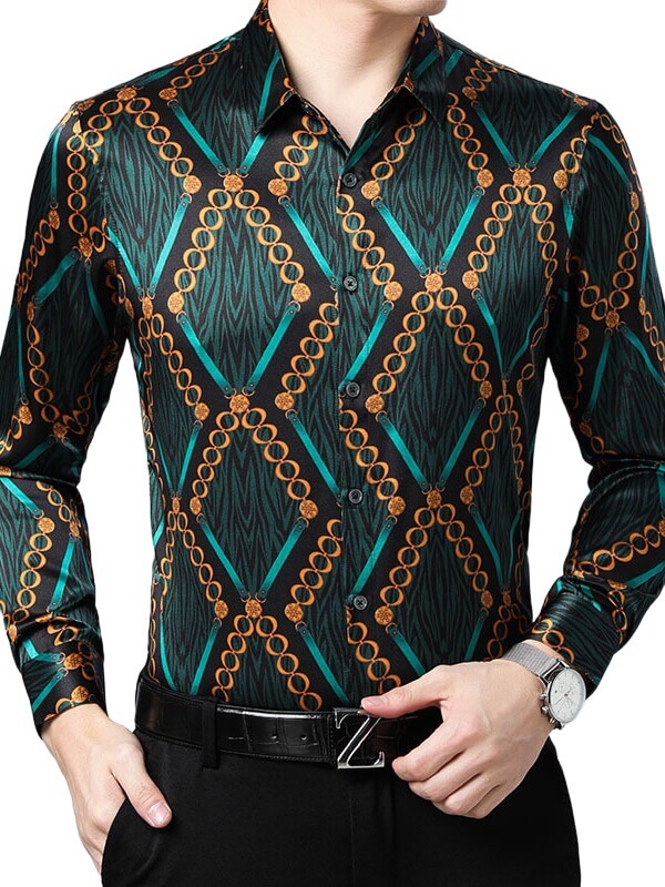 (image for) Men's Luxury Fashion Green Printed Silk Shirt