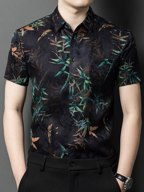 (image for) Men's Bamboo Leaf Print Black Short Sleeve Casual Silk Shirt