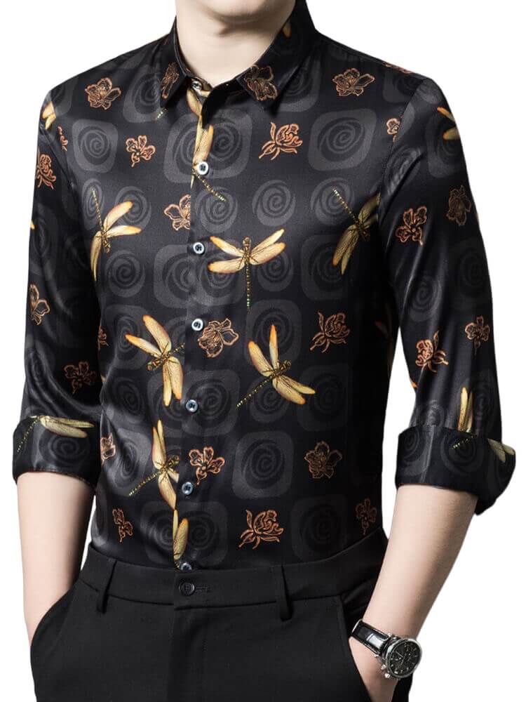 (image for) Men's Long Sleeve Black Silk Shirt with Gold Dragonfly Prints