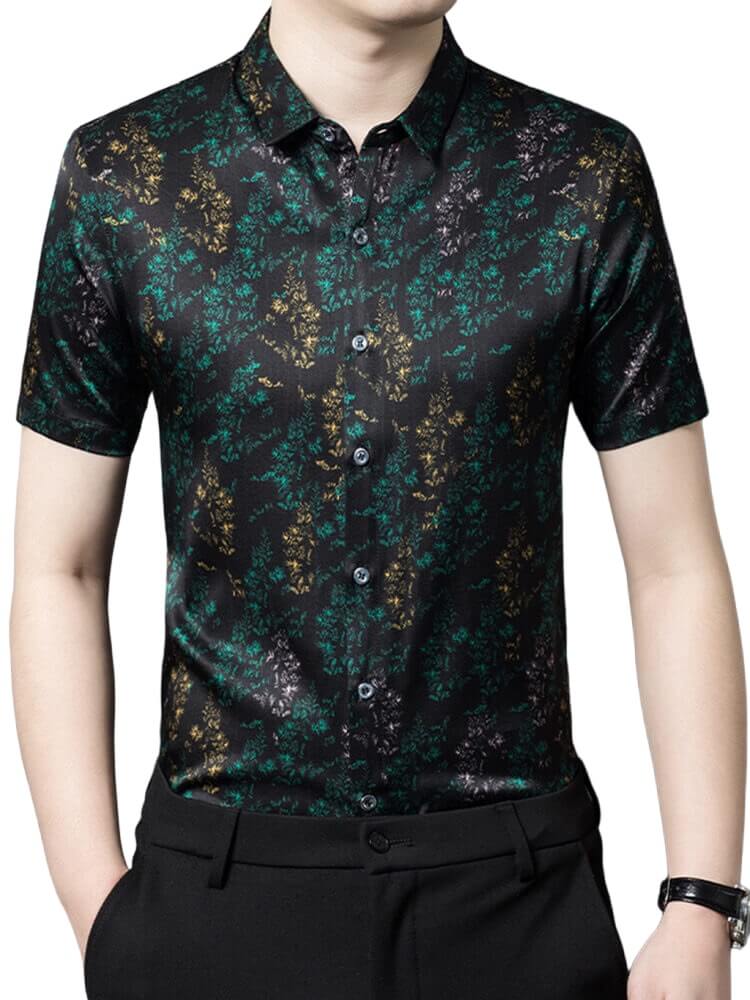 (image for) Green Leaves Print Men's Short Sleeve Black Silk Shirt