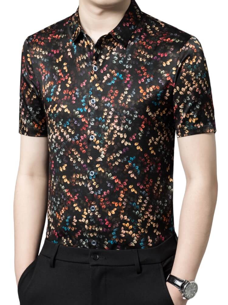 (image for) Multicolored Leaves Print Men's Short Sleeve Silk Shirt