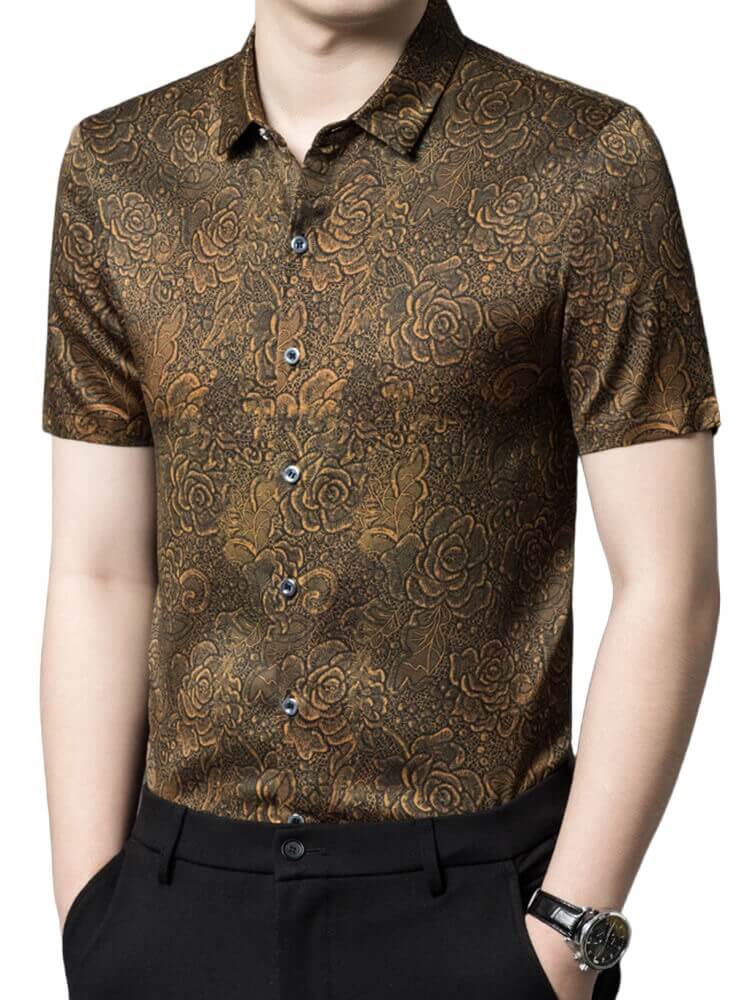 (image for) Men's Black and Gold Floral Print Short-sleeve Silk Dress Shirt