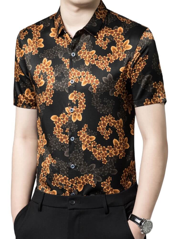 (image for) Orange Floral Men's Button-down Short Sleeve Black Silk Shirt
