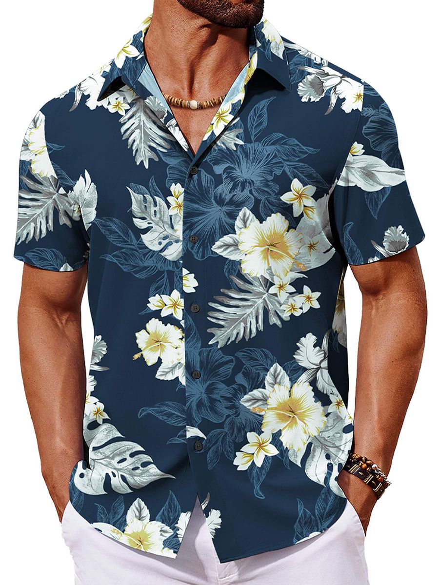 (image for) Men's Navy Tropical Floral Short Sleeve Button-Up Silk Summer Beach Hawaiian Shirt