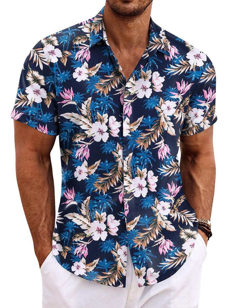 (image for) Men's Navy Floral Print Short Sleeve Mulberry Silk Hawaiian Shirt