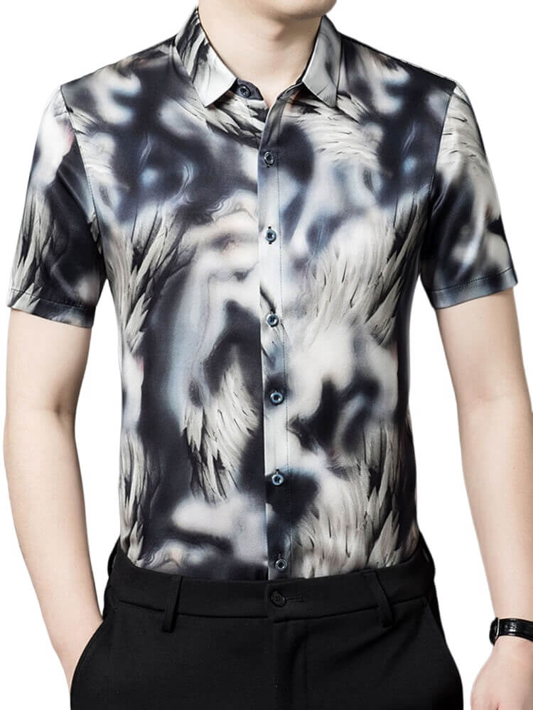 (image for) Abstract Wolves Printed Mens Short-sleeve Black Silk Shirt