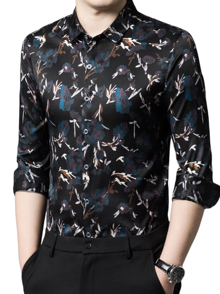 (image for) Floral Printed Men's Long Sleeve Button Front Silk Dress Shirt