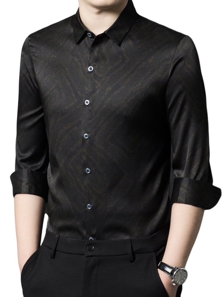 (image for) Brown Jacquard Long Sleeve Men's Long Sleeve Silk Shirt