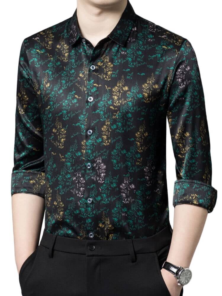 (image for) Green Leaf Printed Long Sleeve Mens Silk Shirt