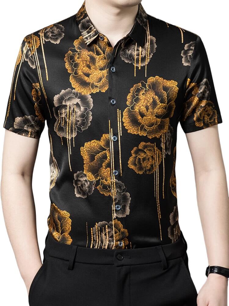 (image for) Golden Flower Print Short Sleeve Stretch Silk Shirt For Men
