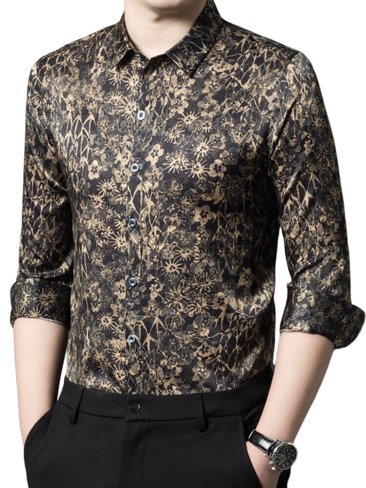 (image for) Black and Gold Floral Long Sleeve Silk Dress Shirt For Men