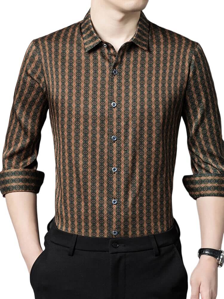 (image for) Brown Printed Long Sleeve Button Up Silk Dress Shirt For Men