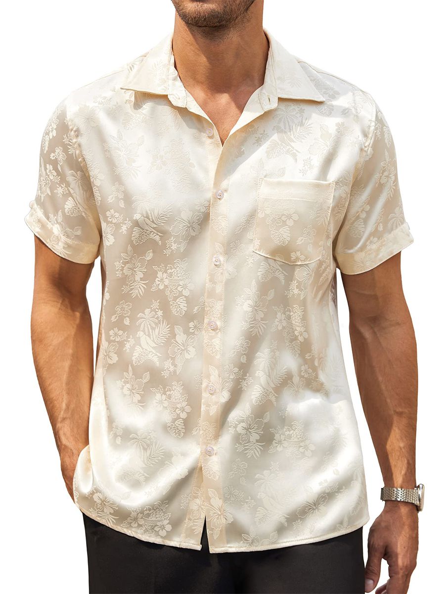 (image for) Men’s Floral Jacquard Button-Up Summer Short Sleeve Silk Shirt