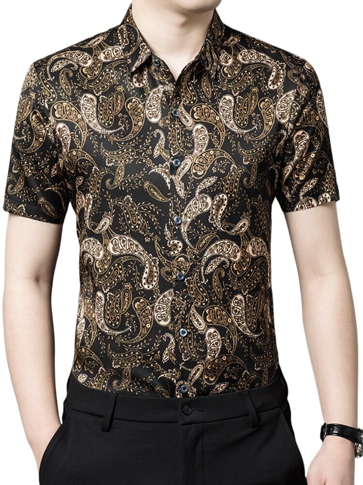(image for) Paisley Print Black Short Sleeve Silk Shirt For Men