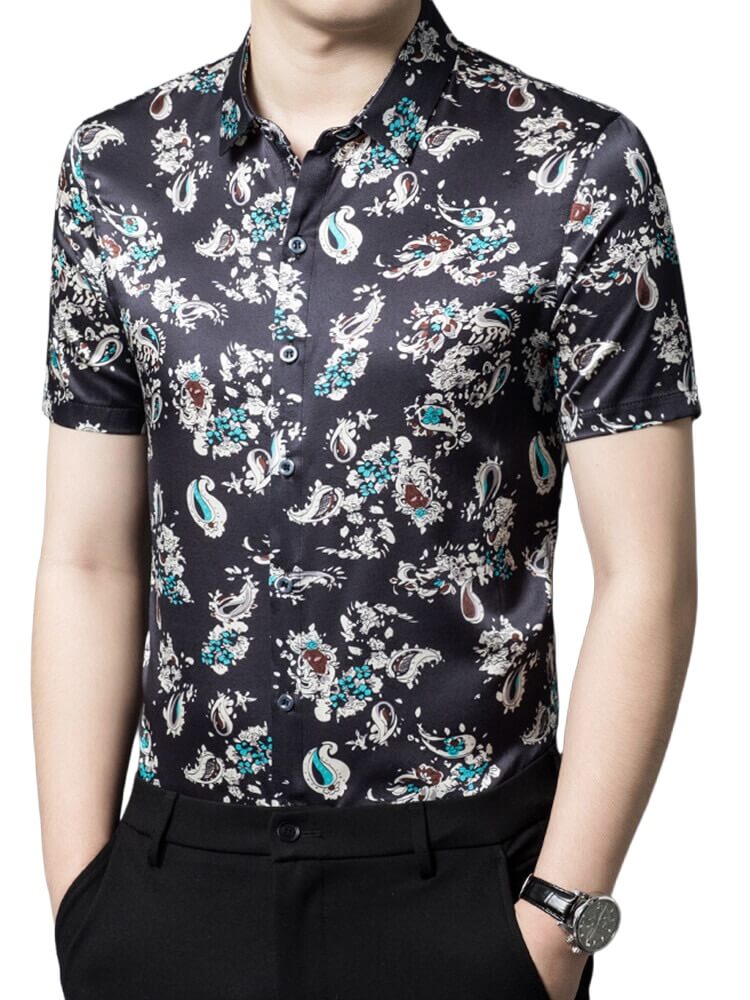 (image for) Men's Black Short Sleeve Paisley Print Stretch Silk Shirt