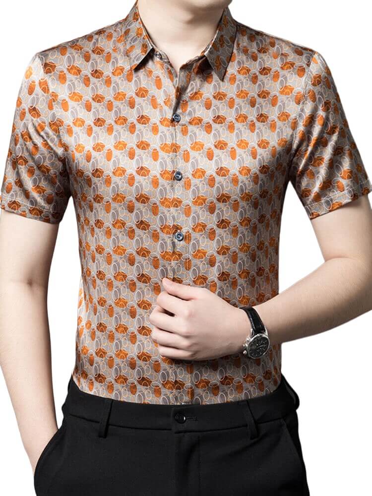 (image for) Men’s Silver Orange Dot Circle Print Short Sleeve Silk Shirt