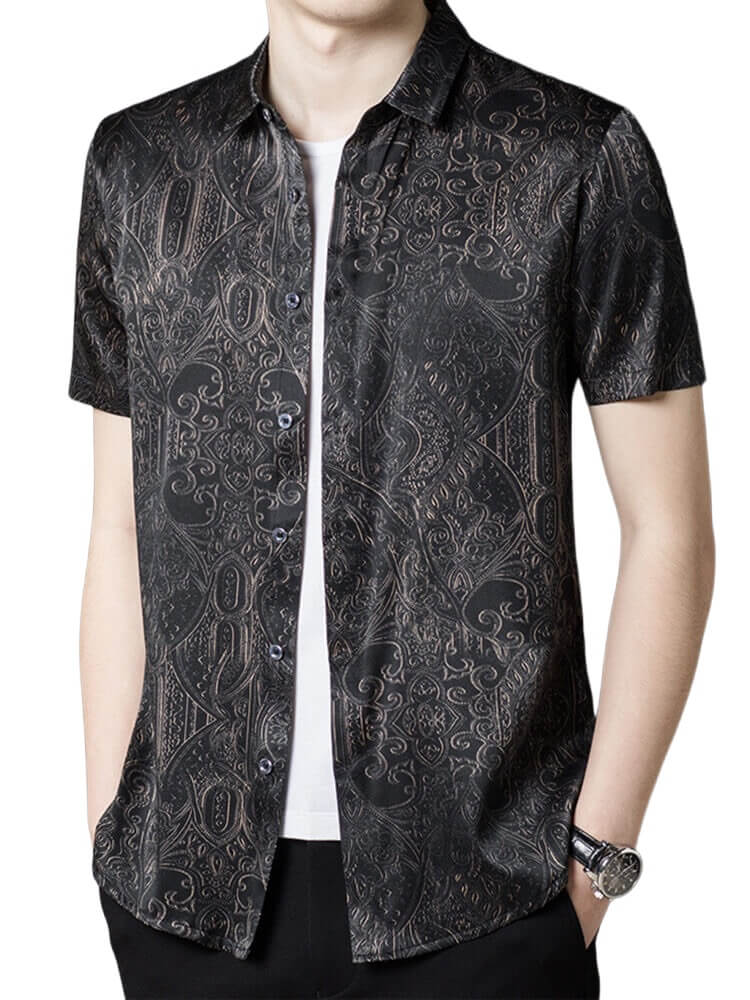 (image for) Men's Black Short Sleeve Paisley Stretch Silk Shirt
