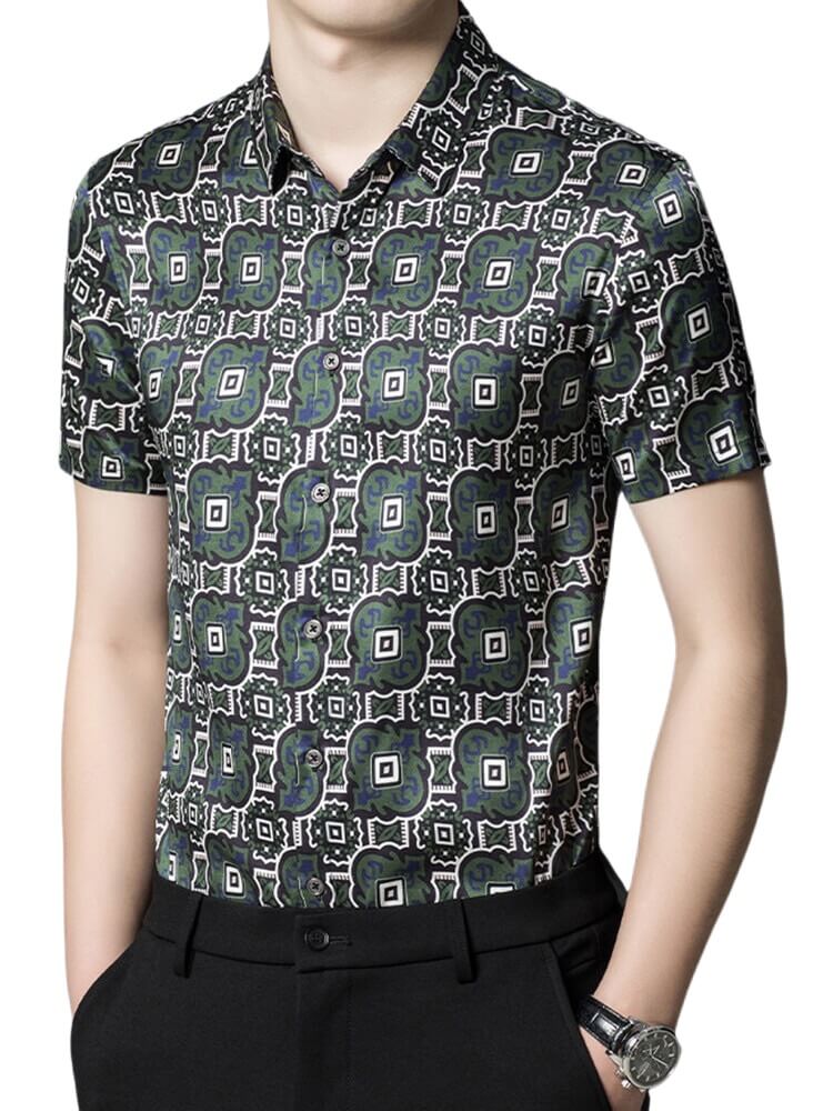 (image for) Dark Green Fun Block Printed Men's Short Sleeve Silk Dress Shirt
