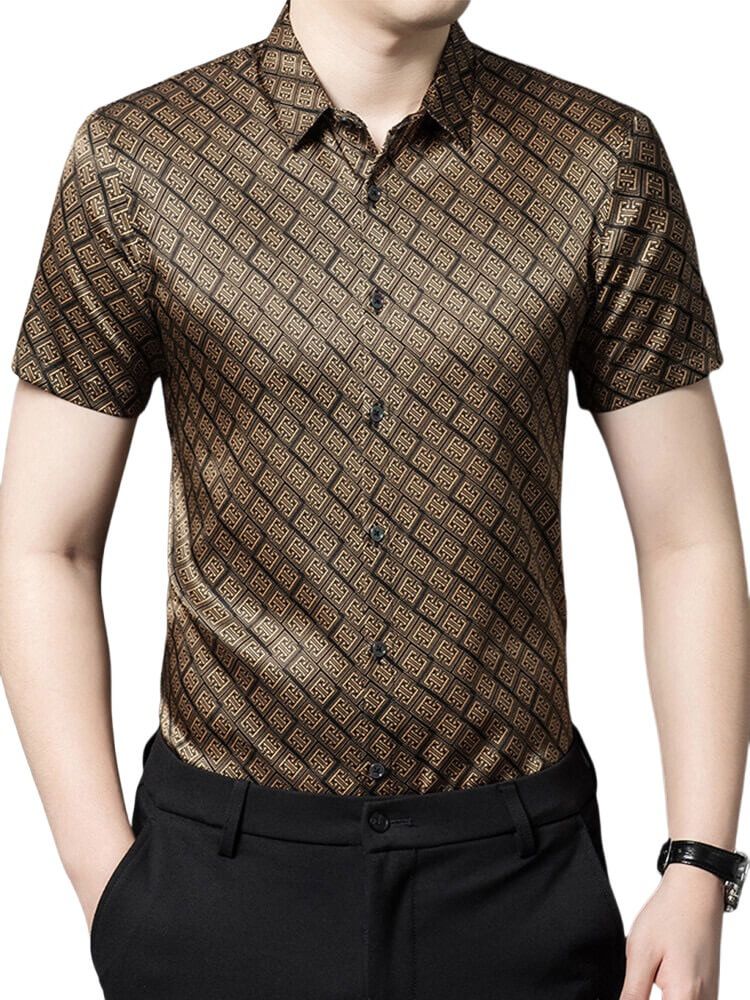 (image for) Men’s Brown Gold Geometric Print Short Sleeve Silk Dress Shirt