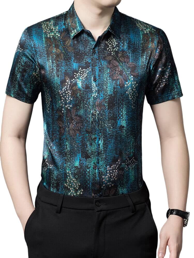 (image for) Mens Teal Black Botanical Abstract Print Short Sleeve Silk Shirt