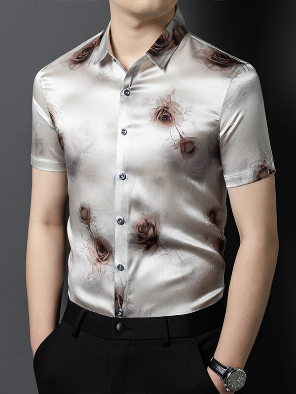 (image for) Men’s Silver Gray Romantic Rose Print Short Sleeve Silk Shirt