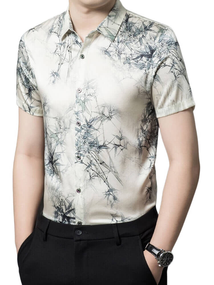 (image for) Men’s Ivory Watercolor Bamboo Leaf Print Short Sleeve Silk Shirt
