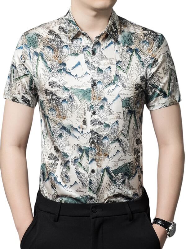 (image for) Mountain Printed Button Up Short Sleeved Silk Shirt For Men