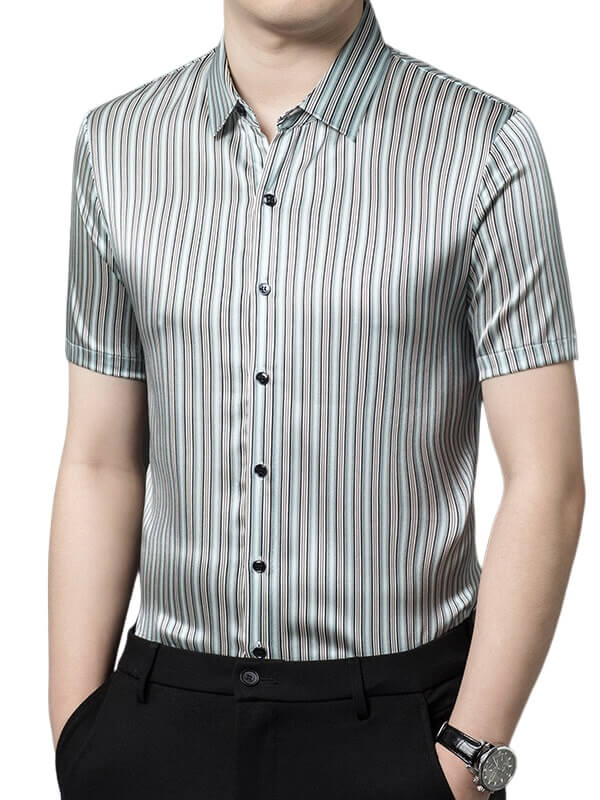 (image for) Men’s Classic Striped Short Sleeve Button-Up Silk Dress Shirt