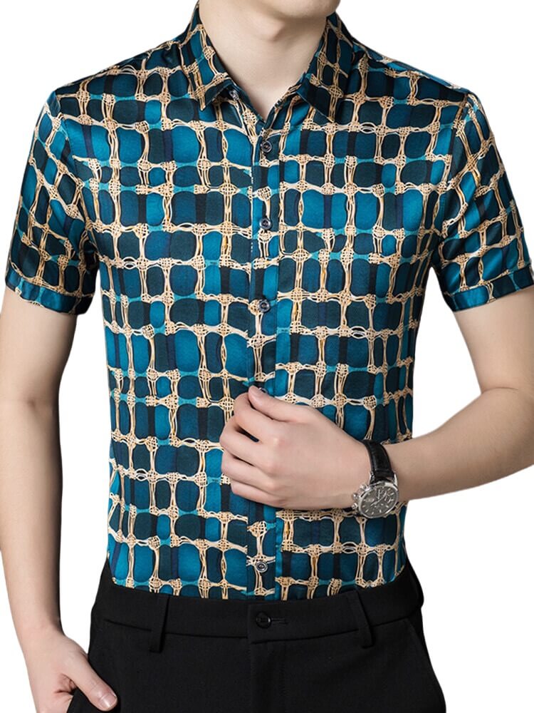 (image for) Mens Teal and Gold Chain Print Short Sleeve Button-Up Silk Shirt