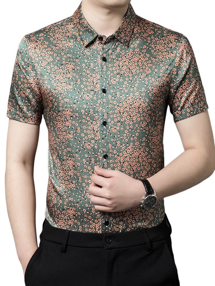 (image for) Men’s Sage Green Floral Print Short Sleeve Button-Up Silk Shirt