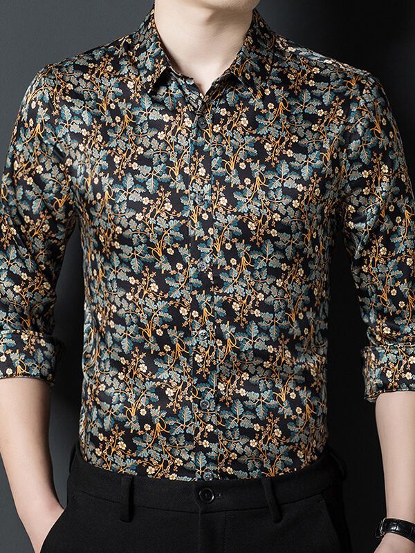(image for) Men's Long Sleeved Gold and Teal Floral Print Black Silk Shirt