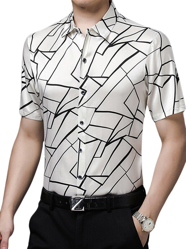 (image for) Men's Line Print Short Sleeve Silk Shirt