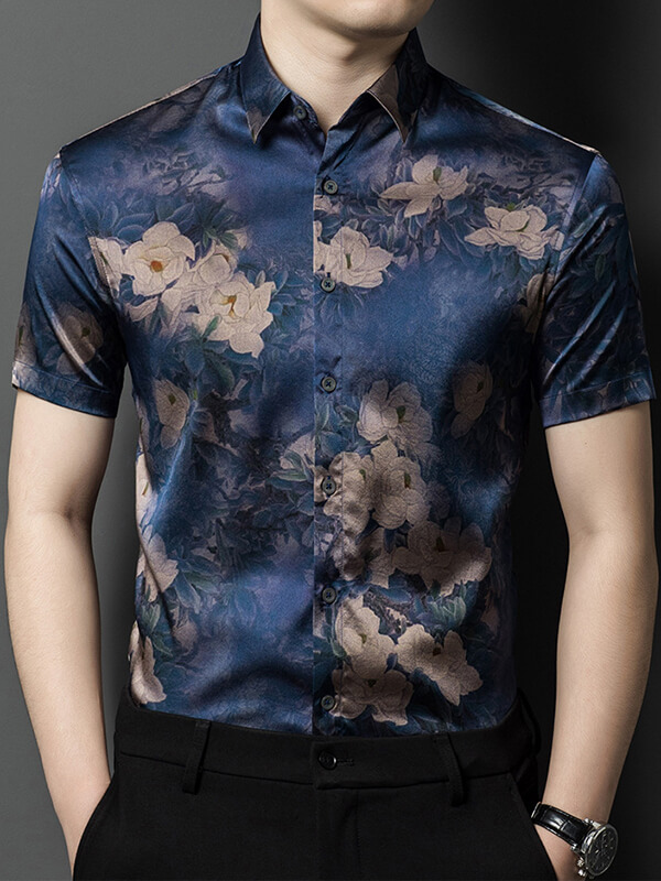 (image for) Men's Luxurious Blue Floral Print Short Sleeve Silk Shirt