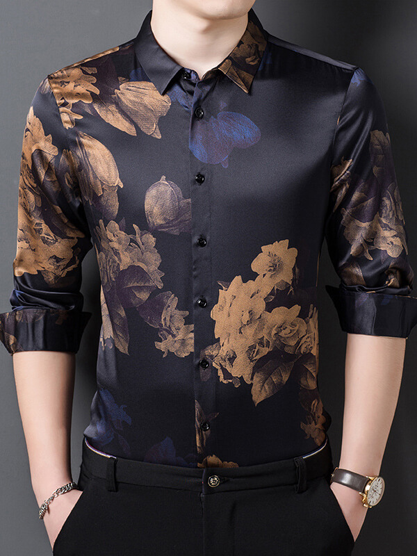 (image for) Men's Luxury Long Sleeve Button-Down Floral Silk Shirt