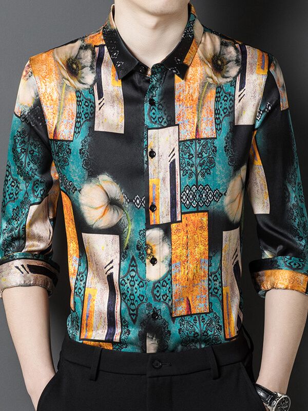 (image for) Men’s Artistic Floral Print Silk Shirt Geometric Patterns